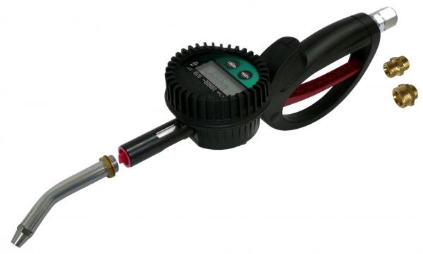 Electronic hose end meter with swivel<br>calibratable to legal measuring standards&lt;/p&gt;with non-drip nozzle for engine oil