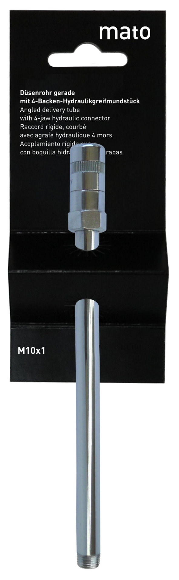 Delivery tube with 4-jaw hydraulic connector M10x1<br>PoS-design retail package, paper-headcard