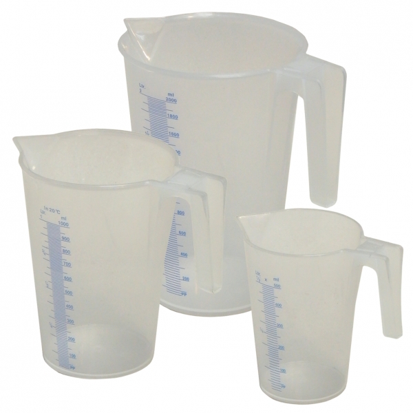 Plastic oil measuring jugs set, graduated<br>Typ J-PP  0,5 + 1,0 + 2,0 litre in sealed plastic bag
