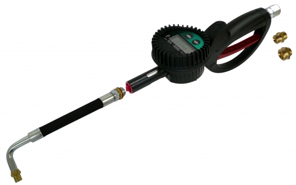 Electronic hose end meter with swivel<br>calibratable to legal measuring standards&lt;/p&gt;with hose and non-drip nozzle for engine oil