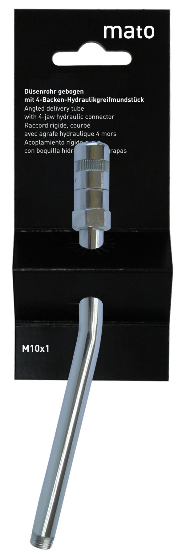 Delivery tube with 4-jaw hydraulic connector M10x1<br>PoS-design retail package with paper-headcard